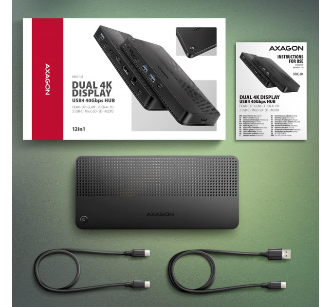 Хаб концентратор AXAGON HMC-U4 USB4 40Gbps DUAL 4K DISPLAY 12in1 dock, Black
