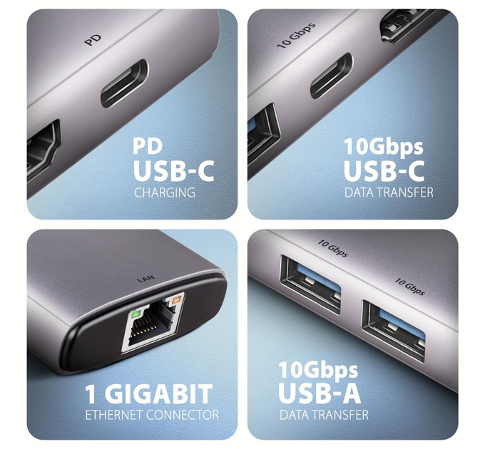 Хаб концентратор AXAGON HMC-6G2L USB-C 10Gbps 6in1 hub, Grey