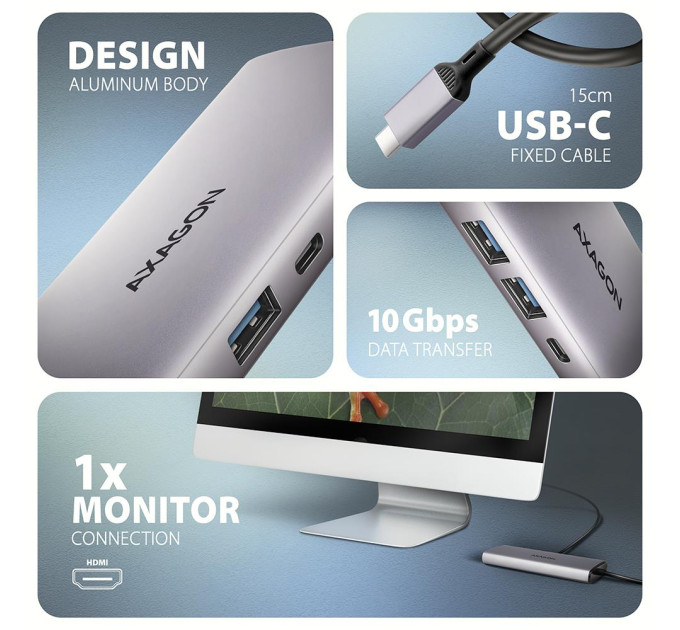 Хаб концентратор AXAGON HMC-6G2L USB-C 10Gbps 6in1 hub, Grey