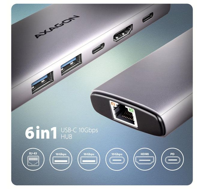 Хаб концентратор AXAGON HMC-6G2L USB-C 10Gbps 6in1 hub, Grey