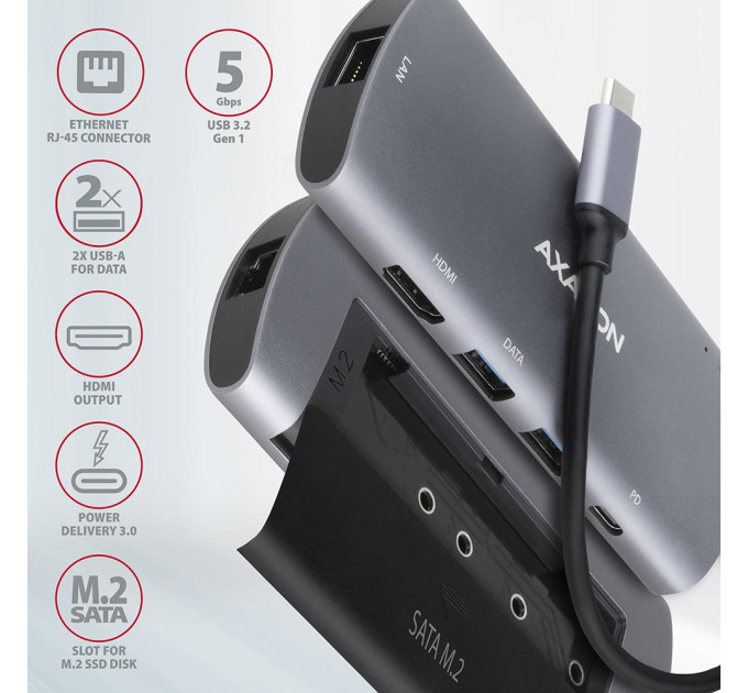 Хаб концентратор AXAGON HMC-6M2 SuperSpeed USB-C COMBO 6in1 hub, Grey