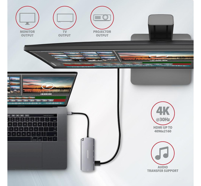 Хаб концентратор AXAGON HMC-6M2 SuperSpeed USB-C COMBO 6in1 hub, Grey