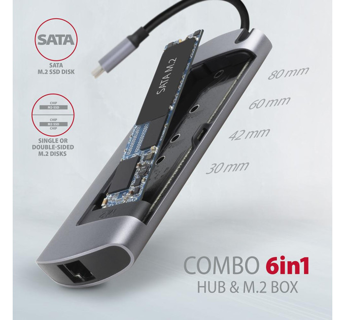 Хаб концентратор AXAGON HMC-6M2 SuperSpeed USB-C COMBO 6in1 hub, Grey