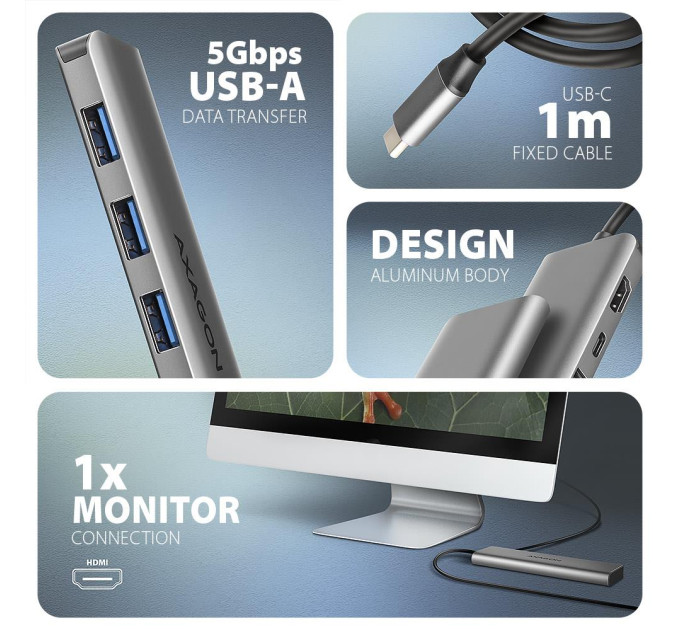 Хаб концентратор AXAGON HMC-5H USB-C 5Gbps 5in1 hub, Grey