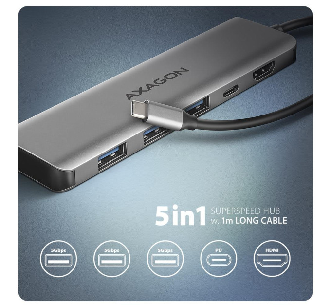 Хаб концентратор AXAGON HMC-5H USB-C 5Gbps 5in1 hub, Grey