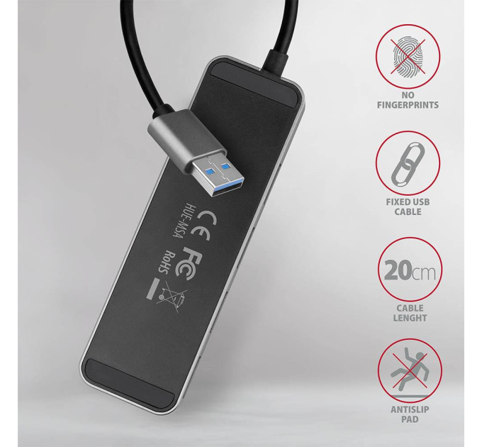 Хаб AXAGON HUE-MSA SuperSpeed USB-A SWITCH hub w. CHARGING function, 20cm USB-A cable, Silver