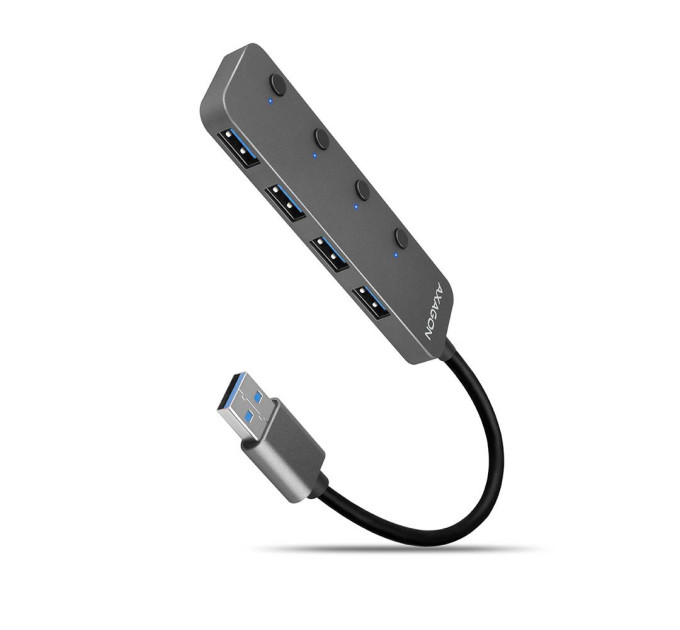 Хаб AXAGON HUE-MSA SuperSpeed USB-A SWITCH hub w. CHARGING function, 20cm USB-A cable, Silver