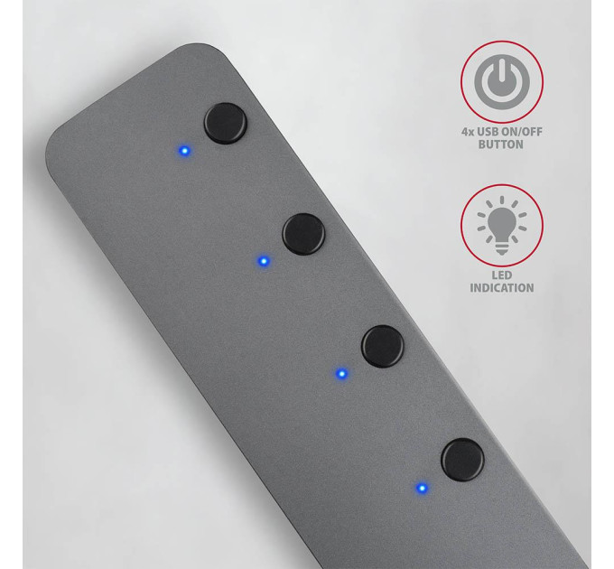 Хаб AXAGON HUE-MSA SuperSpeed USB-A SWITCH hub w. CHARGING function, 20cm USB-A cable, Silver