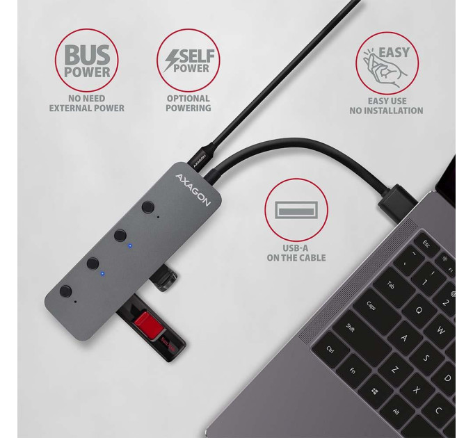 Хаб AXAGON HUE-MSA SuperSpeed USB-A SWITCH hub w. CHARGING function, 20cm USB-A cable, Silver