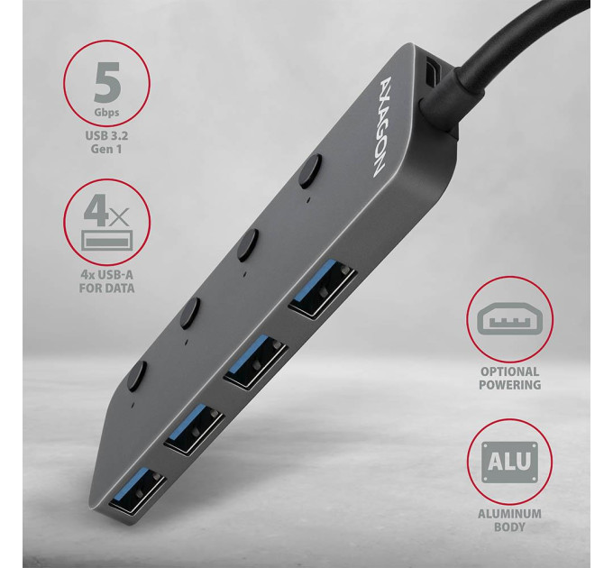 Хаб AXAGON HUE-MSA SuperSpeed USB-A SWITCH hub w. CHARGING function, 20cm USB-A cable, Silver