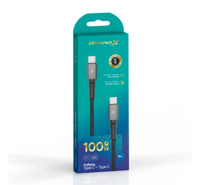 Дата кабель USB-C to USB-C 1.0m 100W black Grand-X (CC-08B)
