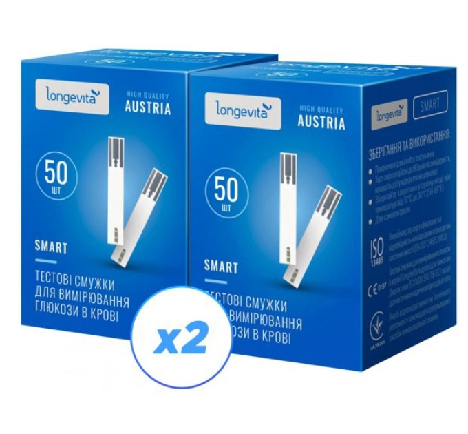 Тестові смужки для вимірювання глюкози в крові Longevita Smart 100шт. (2*50)