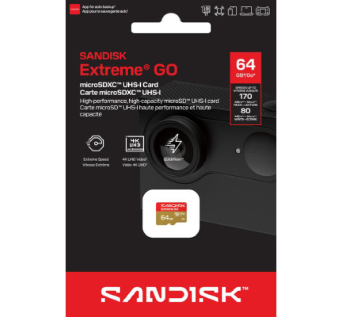 SanDisk Карта пам'яті SanDisk 64GB microSDXC C10 UHS-I U3 A2 V30 R170/W80MB/s Extreme GO (SDSQXGN-064G-GN6MN)