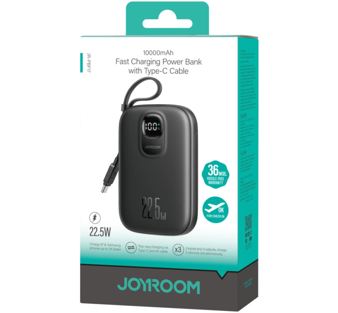 JOYROOM Батарея універсальна JOYROOM 10000mAh, 22.5W, PD, QC, built-in USB-C cable, Black (JR-PBF17)