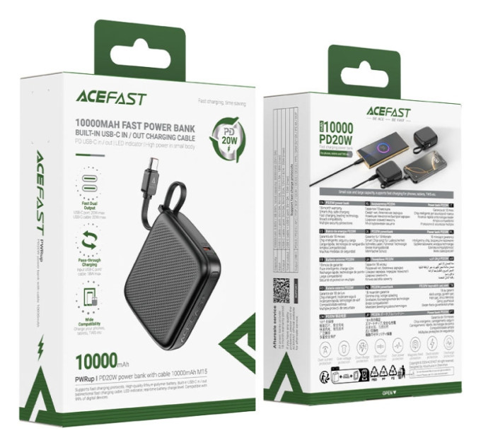 Acefast Батарея універсальна Acefast 10000mAh, 20W, PD, QC/3.0, build Type-C cable, M15, Black (6974316283973)