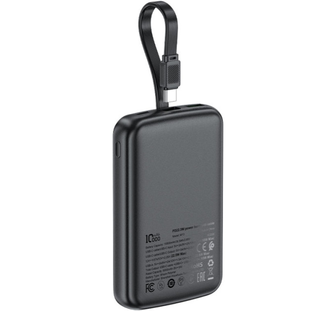 Acefast Батарея універсальна Acefast 10000mAh, 22.5W, PD, QC/3.0, build Type-C cable, M13, Black (6974316283959)