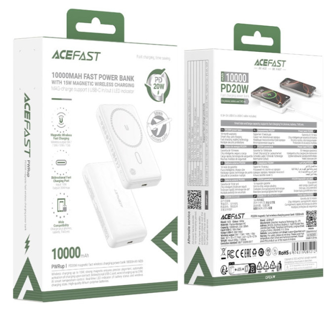 Acefast Батарея універсальна Acefast Magnetic Wireless 10000mAh, 20W, PD, QC/3.0, QI 15W, M26, White (6974316285212)