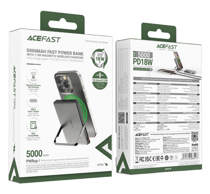 Acefast Батарея універсальна Acefast Magnetic Wireless 5000mAh, 18W, PD, QC/3.0, with holder M16, Black (6974316283997)