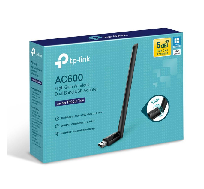 TP-Link Безпровідний мережевий адаптер  TP-Link Archer T600U Plus (AC600, 5dBi внешняя антенна)