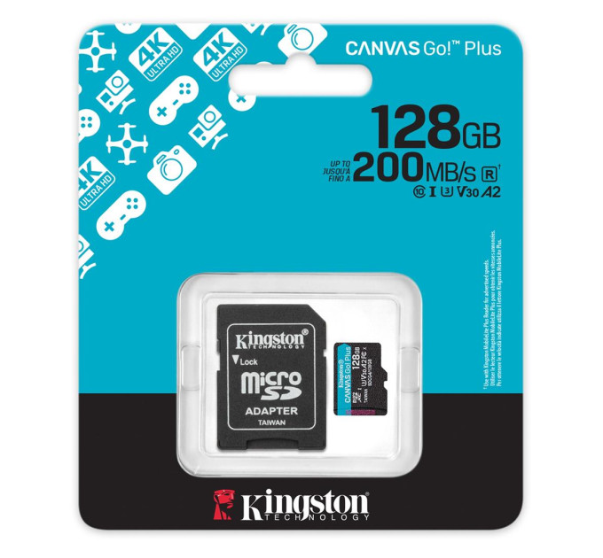 Карта пам'яті  Kingston 128GB microSDXC сlass 10 UHS-I U3 V30 A2 Canvas Go Plus G4 (SDCG4/128GB)