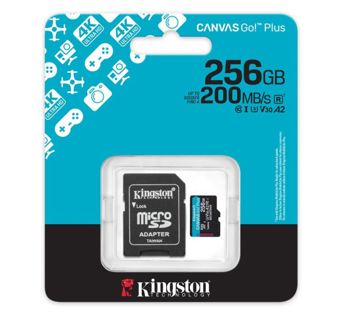 Kingston Карта пам'яті MicroSDXC  256GB UHS-I/U3 Class 10 Kingston Canvas Go! Plus R200/W160MB/s + SD-адаптер