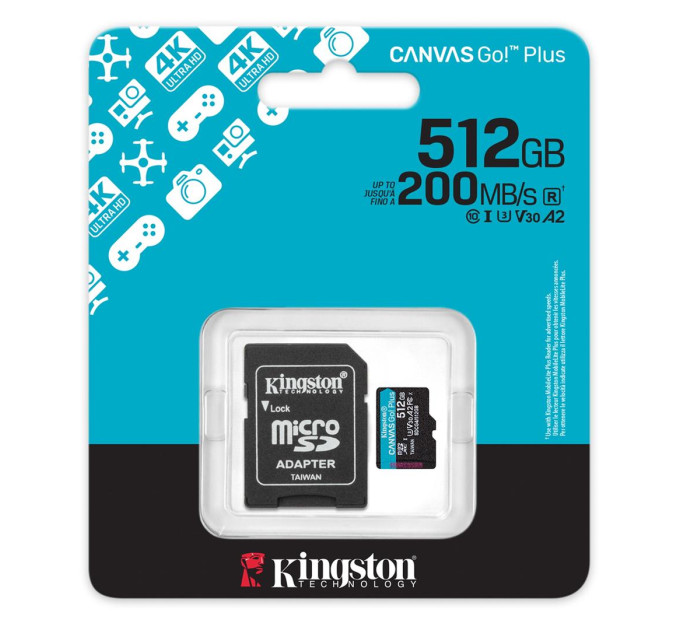Карта пам'яті MicroSDXC  512GB UHS-I/U3 Class 10 Kingston Canvas Go! Plus R200/W160MB/s + SD-адаптер