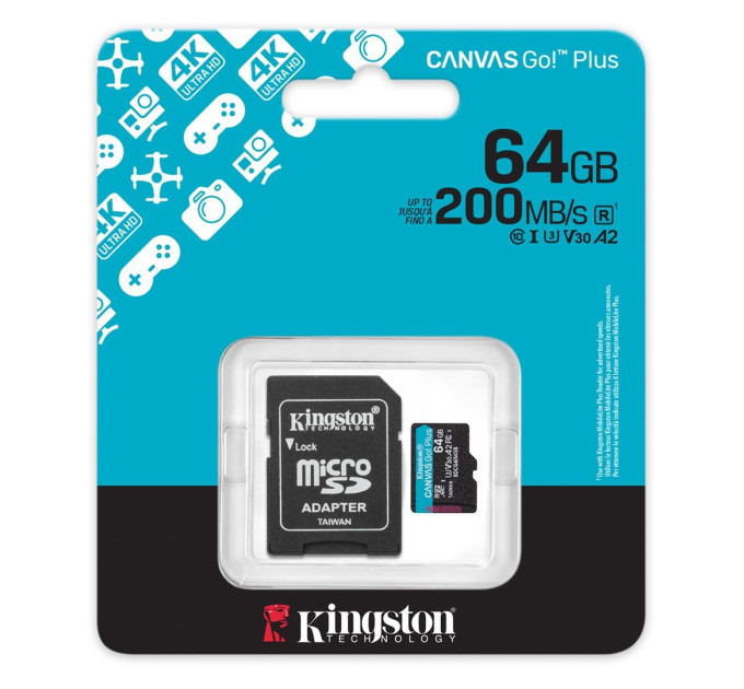 Карта пам'яті  MicroSDXC   64GB UHS-I/U3 Class 10 Kingston Canvas Go! Plus R200/W200MB/s + SD-адаптер