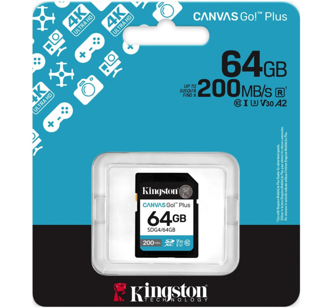 Kingston Карта пам'яті  Kingston SDXC 64GB Canvas Go! Plus G4 Class 10 UHS-I U3 V30 (SDG4/64GB)