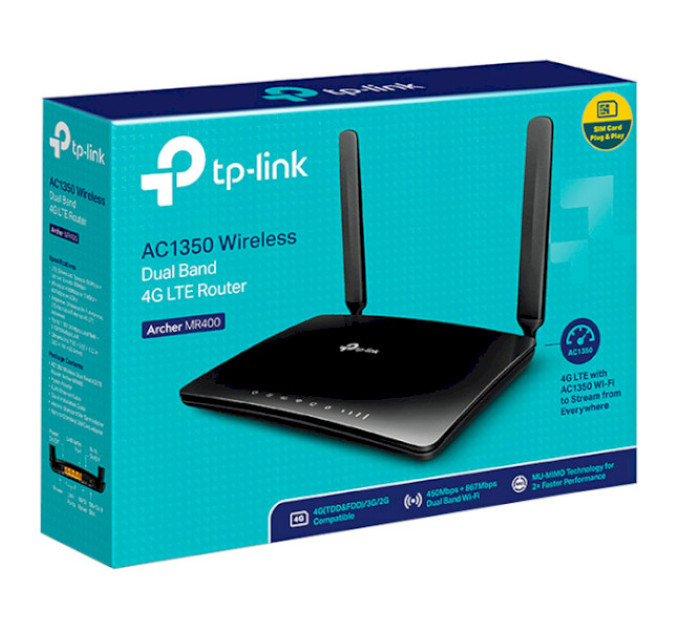 TP-Link Точка доступу з функцією маршрутизації, мережеве обладнання 1200MBPS 10/100M 4P DUAL BAND ARCHER MR400 TP-LINK