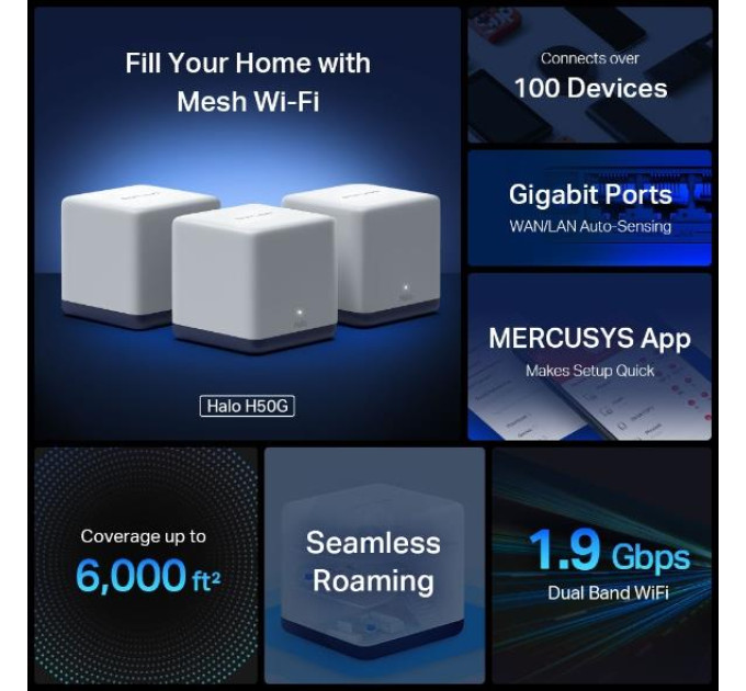 Mercusys Домашня Mesh Wi-Fi система (3 шт у комплекті), Halo H50G(3-pack)