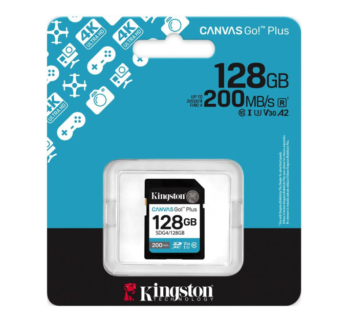 Kingston Карта пам`ятi SDXC 128GB UHS-I/U3 Class 10 Kingston Canvas Go! Plus R200/W200MB/s (SDG4/128GB)