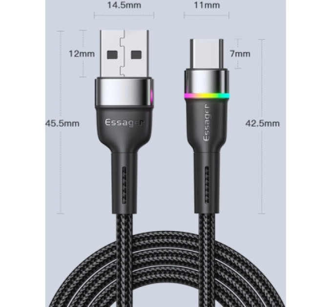Essager Дата кабель USB 2.0 AM to USB-C 2.0m 3A LED black Essager (EXCT-XCDA01)