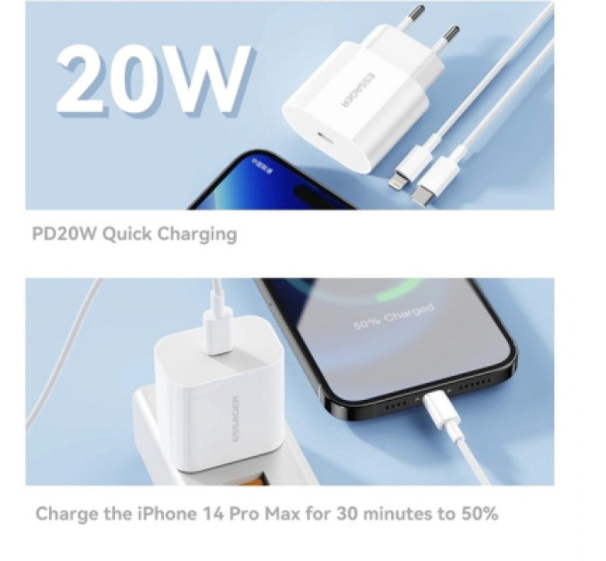 Essager Зарядний пристрій Essager USB-C PD20W + cable USB-C to Lightning white (EFJB02-XBL02-T)