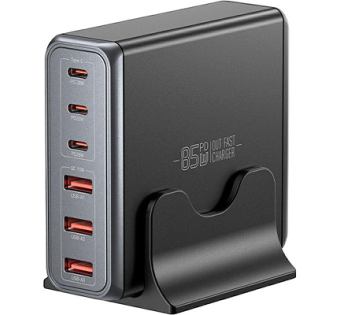 Essager Зарядний пристрій Essager 3xUSB-C + 3xUSB-A 85W GaN black (EZC85W-SXB0G-Z)