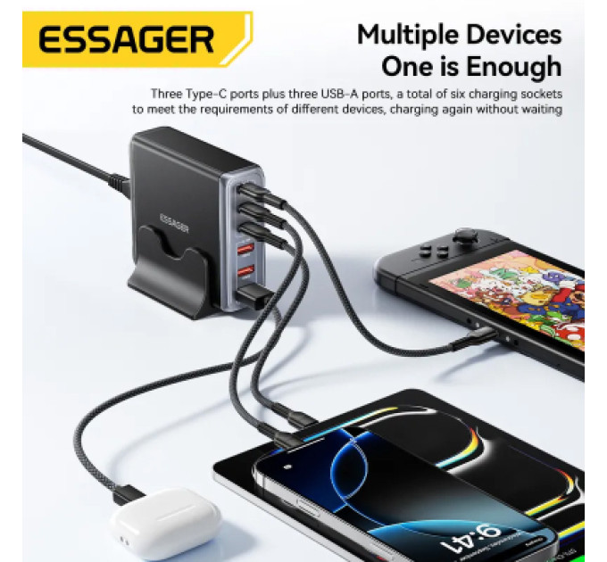 Essager Зарядний пристрій Essager 3xUSB-C + 3xUSB-A 85W GaN black (EZC85W-SXB0G-Z)
