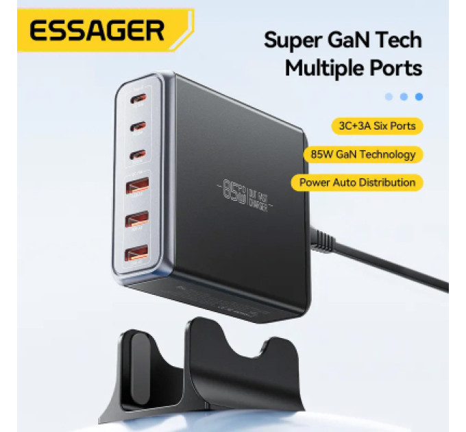 Essager Зарядний пристрій Essager 3xUSB-C + 3xUSB-A 85W GaN black (EZC85W-SXB0G-Z)
