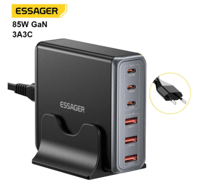 Essager Зарядний пристрій Essager 3xUSB-C + 3xUSB-A 85W GaN black (EZC85W-SXB0G-Z)