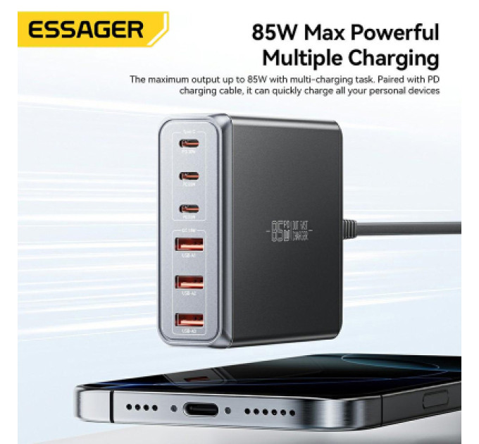 Essager Зарядний пристрій Essager 3xUSB-C + 3xUSB-A 85W GaN black (EZC85W-SXB0G-Z)