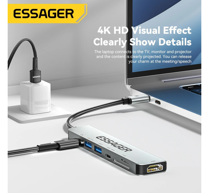 Концентратор  Essager USB-C 7-in-1 HDMI + USB 3.2 + USB-C + SD/TF gray (EHB07-QH0G-Z)