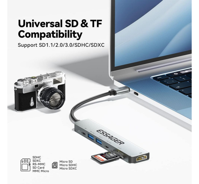Концентратор  Essager USB-C 7-in-1 HDMI + USB 3.2 + USB-C + SD/TF gray (EHB07-QH0G-Z)