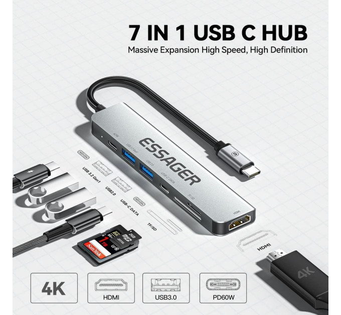 Концентратор  Essager USB-C 7-in-1 HDMI + USB 3.2 + USB-C + SD/TF gray (EHB07-QH0G-Z)