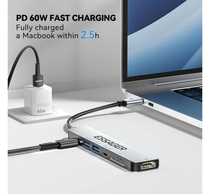Концентратор  Essager USB-C 7-in-1 HDMI + USB 3.2 + USB-C + SD/TF gray (EHB07-QH0G-Z)