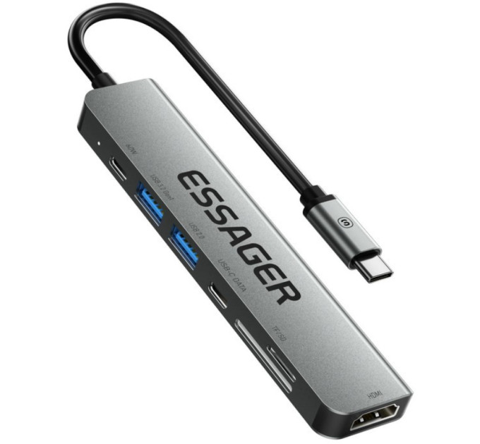 Концентратор  Essager USB-C 7-in-1 HDMI + USB 3.2 + USB-C + SD/TF gray (EHB07-QH0G-Z)