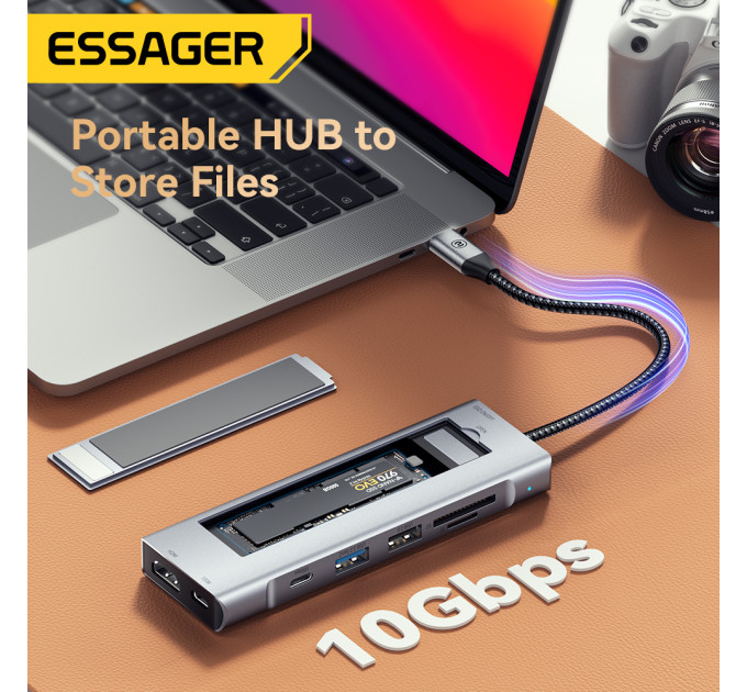 Концентратор  Essager USB-C 8-in-1 HDMI + USB 3.2 + USB-C + SD/TF + M.2 PCIe/NVMe/SATA SSD support