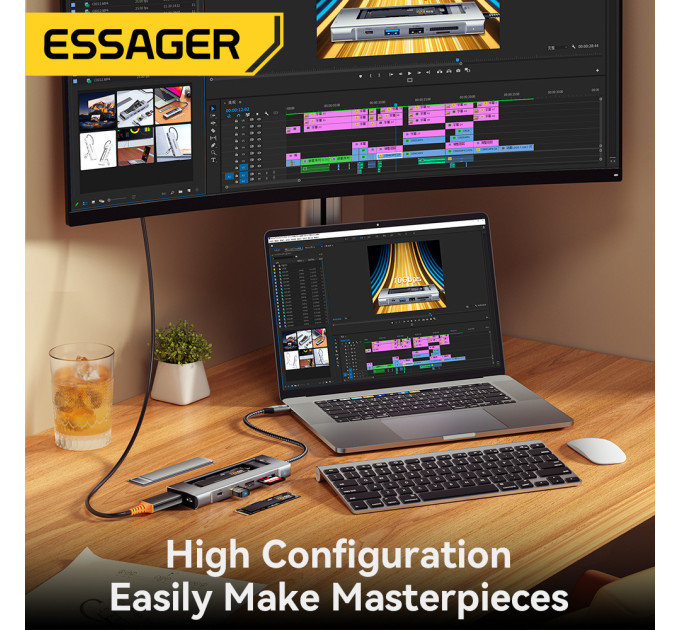 Концентратор  Essager USB-C 8-in-1 HDMI + USB 3.2 + USB-C + SD/TF + M.2 PCIe/NVMe/SATA SSD support