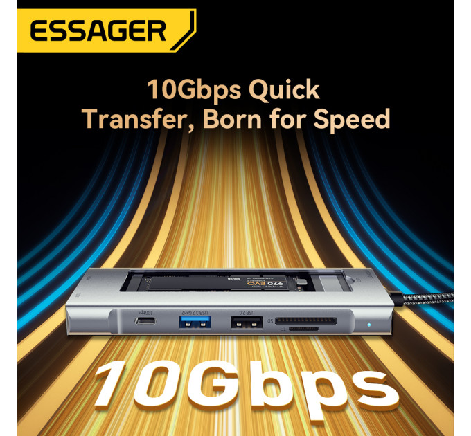 Концентратор  Essager USB-C 8-in-1 HDMI + USB 3.2 + USB-C + SD/TF + M.2 PCIe/NVMe/SATA SSD support