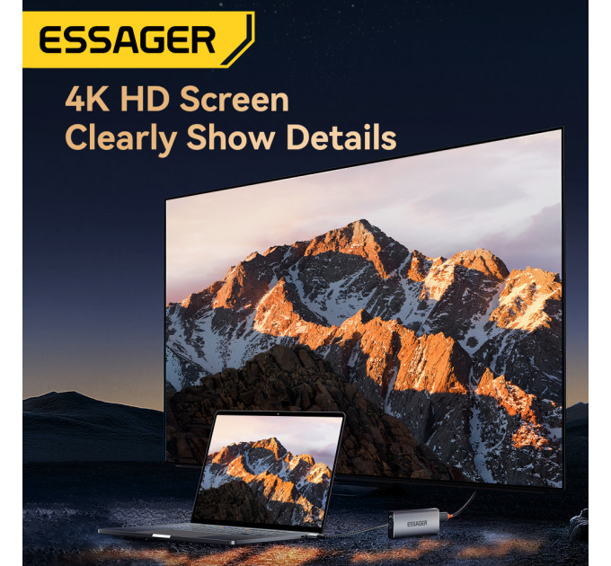 Концентратор  Essager USB-C 8-in-1 HDMI + USB 3.2 + USB-C + SD/TF + M.2 PCIe/NVMe/SATA SSD support