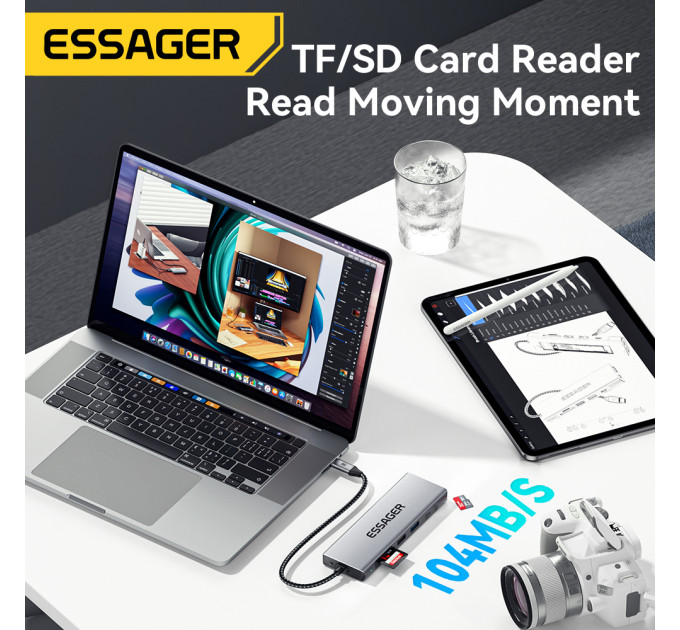 Концентратор  Essager USB-C 8-in-1 HDMI + USB 3.2 + USB-C + SD/TF + M.2 PCIe/NVMe/SATA SSD support