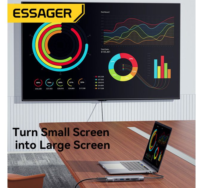 Концентратор  Essager USB-C 8-in-1 HDMI + USB 3.2 + USB-C + SD/TF + M.2 PCIe/NVMe/SATA SSD support