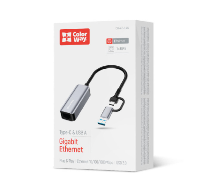 ColorWay Адаптер USB-C + USB A to RJ45 Ethernet 1000Mbps ColorWay (CW-AD-CRG)
